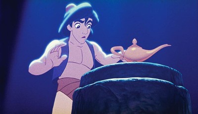 
              This undated publicity photo provided by Disney Theatrical Productions shows Aladdin with a lamp in a scene from the 1992 animated film, "Aladdin." A stage musical of "Aladdin" is ridin